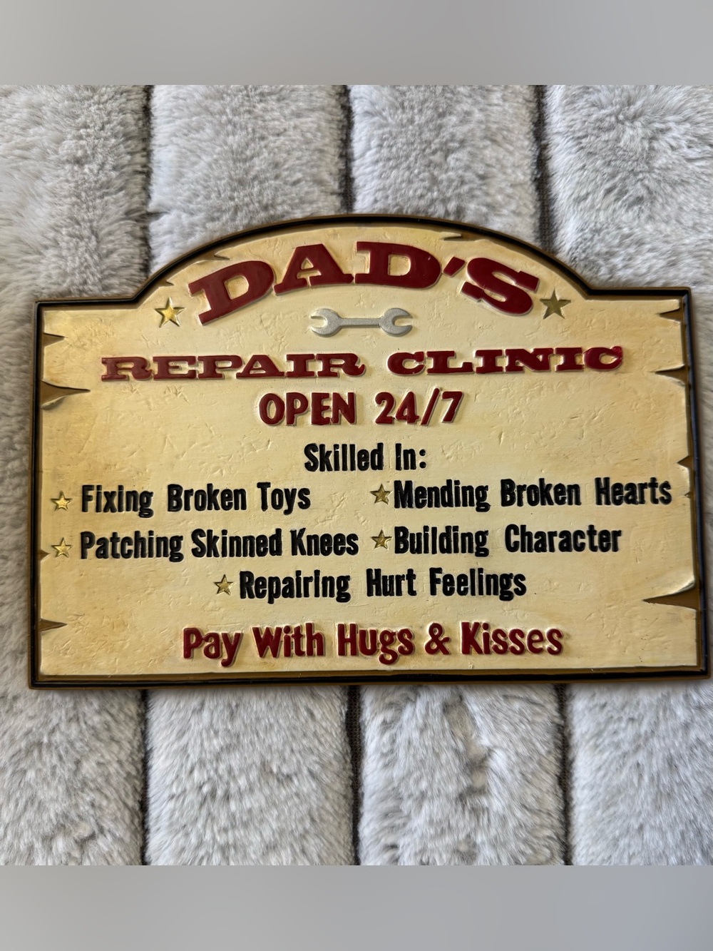Russ Beige and Red "Dad's Repair Clinic" Wall Sign